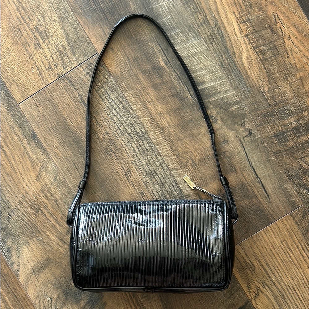 Nordstrom Italian Patent Black Ribbed Leather Vintage  Handbag